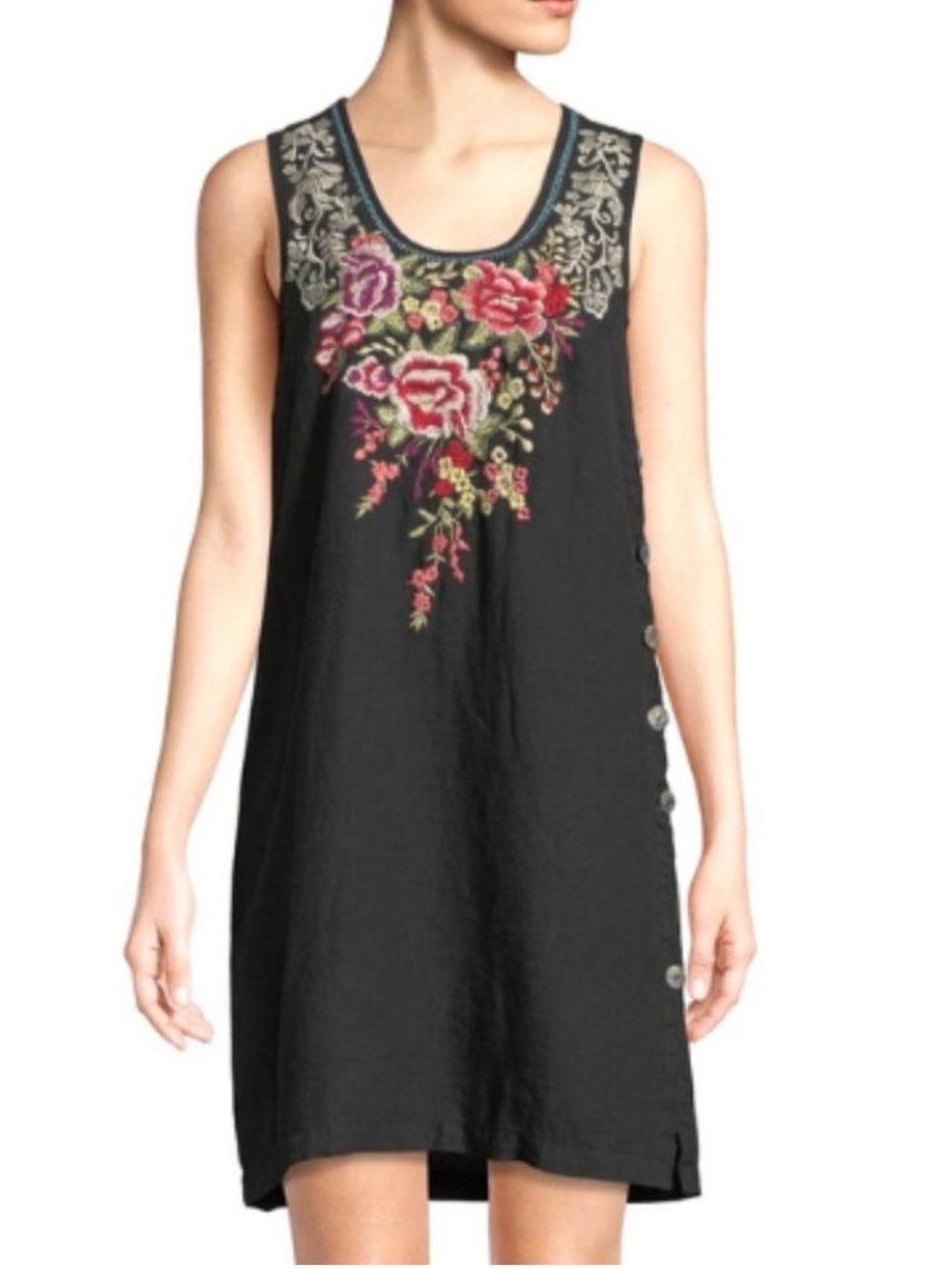Johnny Was Los Angeles 100% Linen Floral Embroidered Sleeveless Dress XXL Black - Picture 8 of 9
